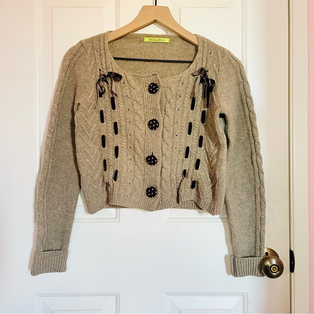 Cropped Knit Cardigan with Ribbon Detail-Tan